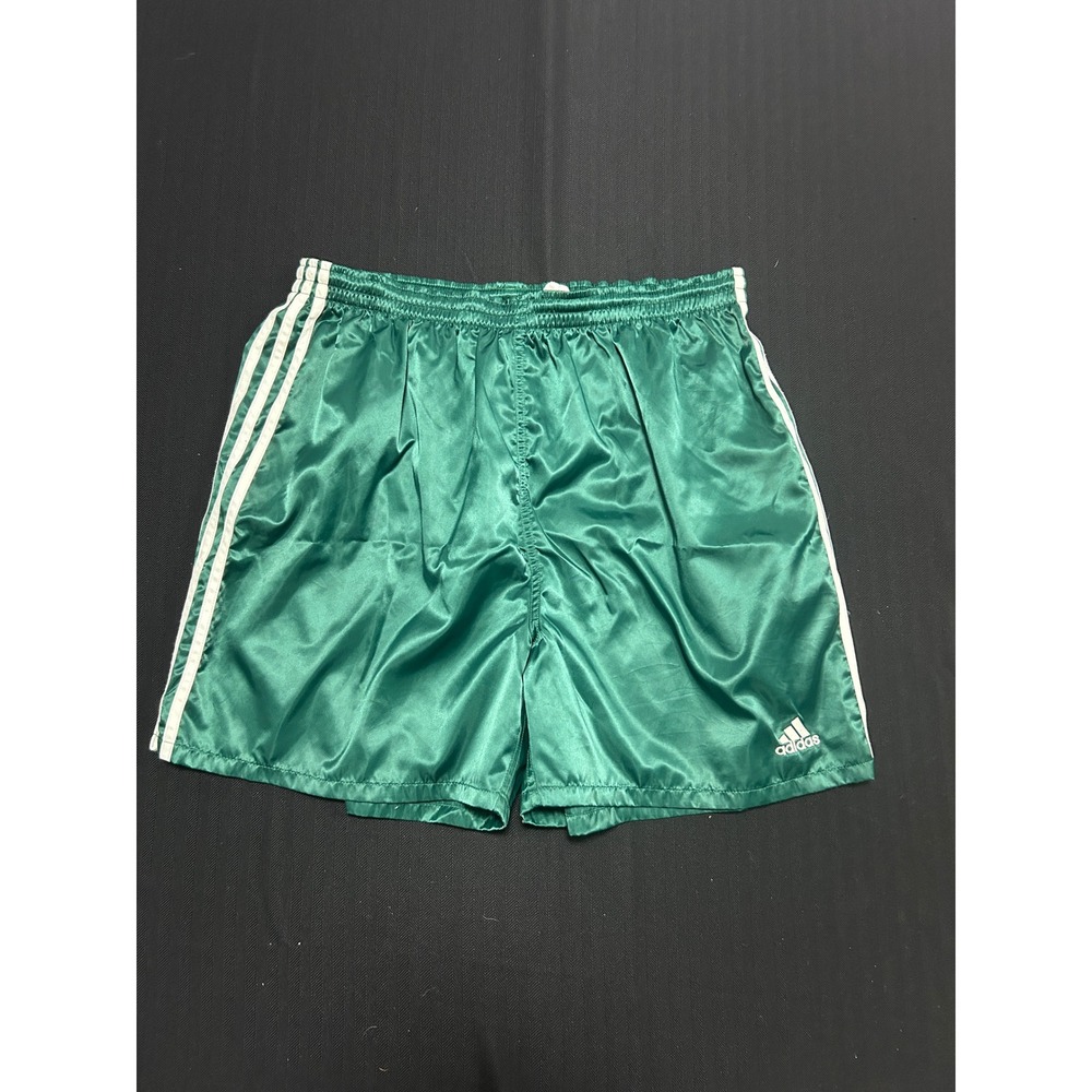 Adidas Vintage Green Satin Nylon Three Stripe Athletic Shorts Large 10736